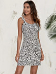 Women Tie Back Ruffle Trim Leopard Print Dress