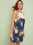 Lace Yoke Insert Floral Print Slip Dress