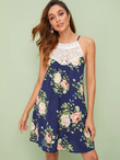 Lace Yoke Insert Floral Print Slip Dress