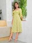 Women Ditsy Floral Split Thigh Ruched Bust Milkmaid Dress