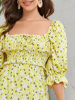 Women Ditsy Floral Split Thigh Ruched Bust Milkmaid Dress