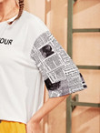 Women Drop Shoulder Newspaper & Slogan Graphic Tee