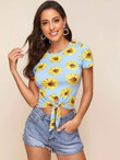 Women Knotted Hem Sunflower Fitted Tee