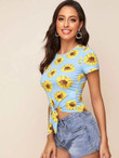 Women Knotted Hem Sunflower Fitted Tee