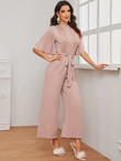 Flutter Sleeve Button Front Lace Panel Belted Jumpsuit