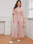 Flutter Sleeve Button Front Lace Panel Belted Jumpsuit
