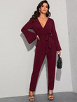 Surplice Front Bell Sleeve Belted Jumpsuit