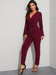 Surplice Front Bell Sleeve Belted Jumpsuit