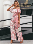 Simplee Floral Ruffle Trim Bardot Belted Jumpsuit