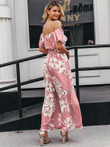 Simplee Floral Ruffle Trim Bardot Belted Jumpsuit