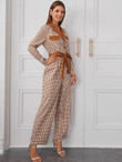Lapel Collar Flap Detail Belted Gingham Palazzo Jumpsuit