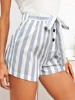 Women Vertical Striped Button Front Belted Shorts