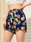 Women Tie Front Pineapple Print Shorts