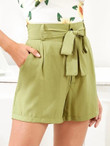 Women Button Fly Belted Solid Shorts