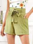 Women Button Fly Belted Solid Shorts