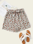 Women Ditsy Floral Paperbag Waist Belted Shorts