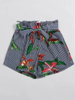 Women Stripe Tropical Print Paperbag Waist Shorts