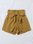 Women Ruffle Waist Belted Patch Pocket Shorts