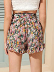 Women Floral Print Ruffle Hem Belted Shorts