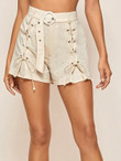Women Grommet Eyelet Lace Up Buckle Belted Shorts