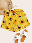 Women Allover Sunflower Print Belted Chiffon Shorts