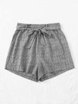 Women Glen Plaid Slant Pocket Self Belted Shorts