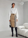 Women Double Button Front Self Belted Plaid Wrap Skirt