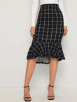 Grid Asymmetrical Ruffle Hem Skirt