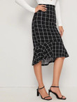 Grid Asymmetrical Ruffle Hem Skirt