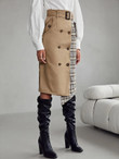 Women Double Button Front Self Belted Plaid Wrap Skirt