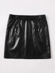 Women Zip Front PU Leather Mini Skirt