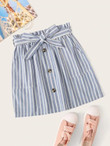 Button Front Pocket Striped Belted Skirt