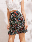 Ditsy Floral Wide Waistband Pleated Lettuce Trim Skirt