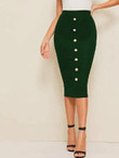 Breasted Front Rib-Knit Pencil Skirt