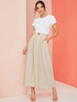 Solid Button Front Plicated Dual Pocket Skirt