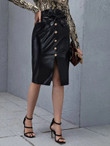 Women Notch Waist Button Up Belted PU Leather Skirt