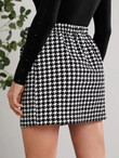 Women Buttoned Tie Front Houndstooth Skirt