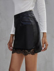 Women Eyelash Lace Hem PU Leather Skirt