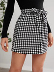 Women Buttoned Tie Front Houndstooth Skirt