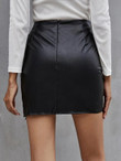 Women Eyelash Lace Hem PU Leather Skirt
