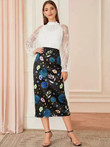 Floral & Leaf Print Midi Skirt
