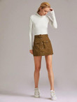 Button Front Flap Pocket Belted Skirt