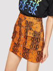 Single Breasted Pocket Patched Snakeskin Print Skirt