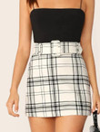 High Waist Buckle Belted Plaid Skirt