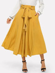 Tassel Bow Tie Waist Pocket Side Pleated Skirt