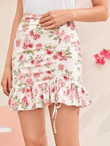 Floral Print Ruffle Trim Drawstring Detail Skirt