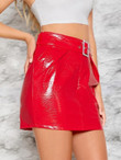 Buckle Belted Bodycon Crocodile Faux Leather Skirt