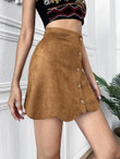 Women Button Through Scallop Trim Suede Skirt