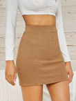 Women Elastic Waist Rib-knit Solid Skirt