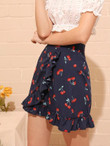 Cherry Print Ruffle Trim Wrap Skirt